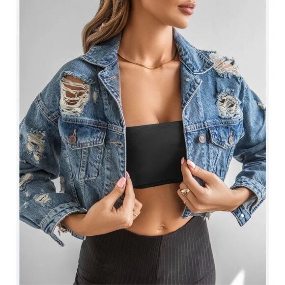 Denim jacket cropped and distressed NWOT size S - Picture 1 of 10